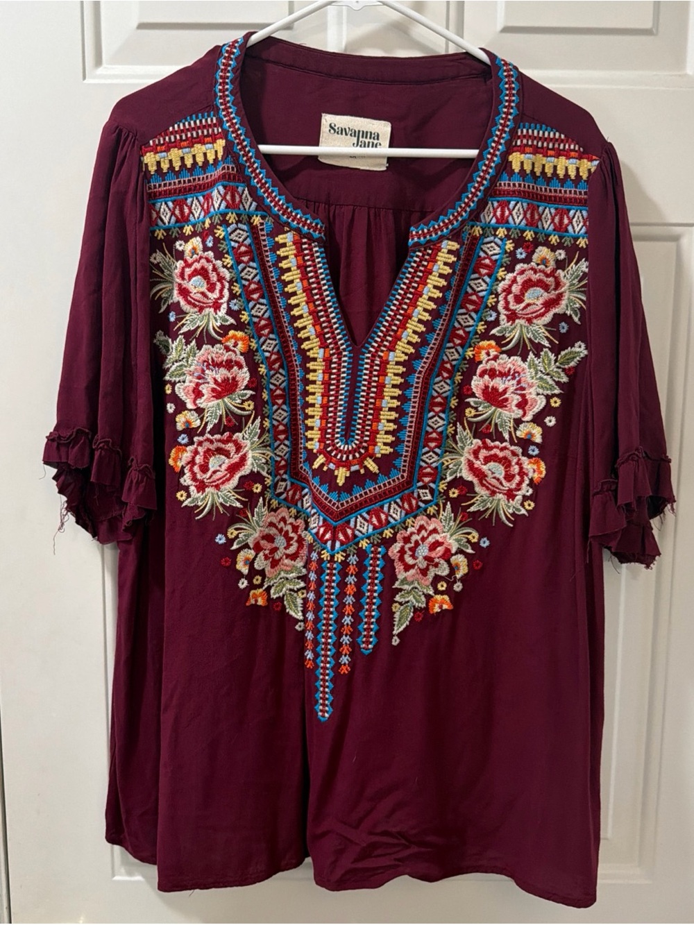 Savanna Jane Women’s Burgundy Embroidery Short Sleeve V neck Blouse 2X